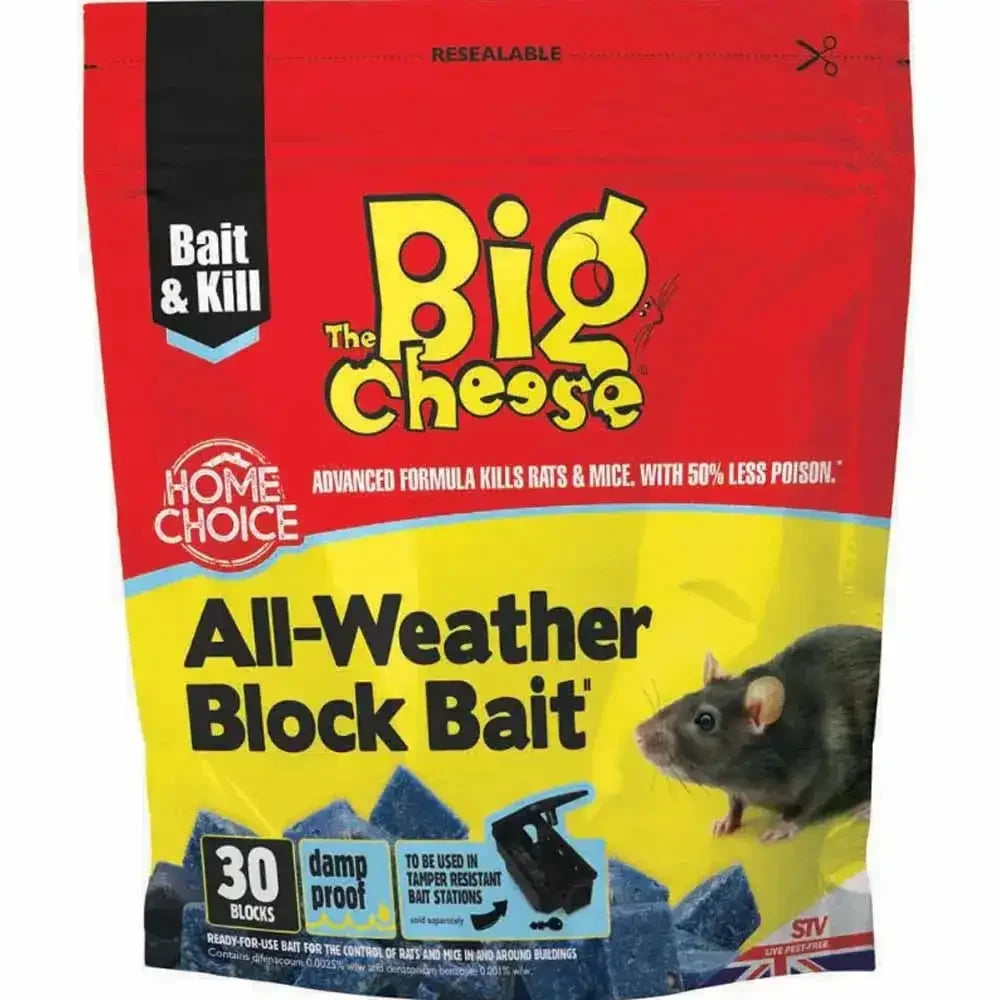 The Big Cheese All-Weather Block Bait 30 pack for rats and mice, displayed in a resealable bag at FitFit Garden.