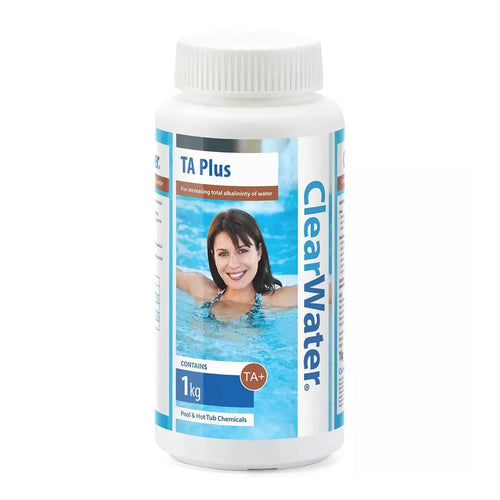 ClearWater TA Plus pool chemical bottle with a woman