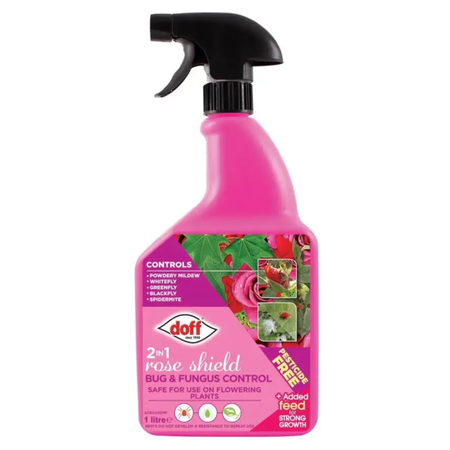 Pink spray bottle with rose shield Bug & Fungus Control