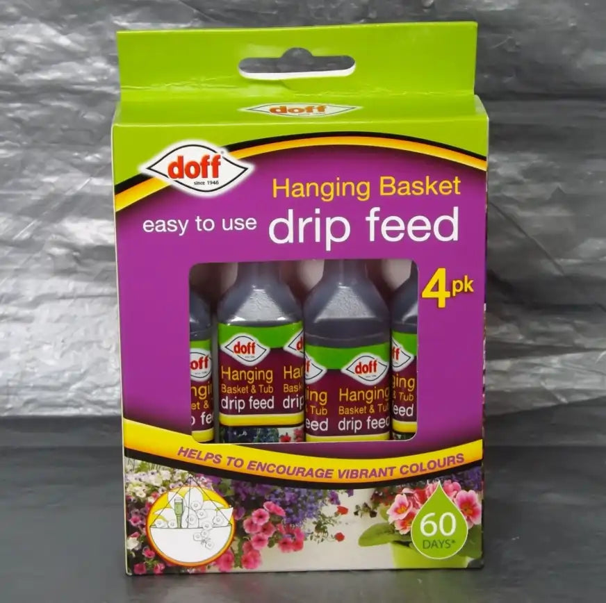 Doff Hanging Basket Drip Feed packaging with four bottles inside on a gray background