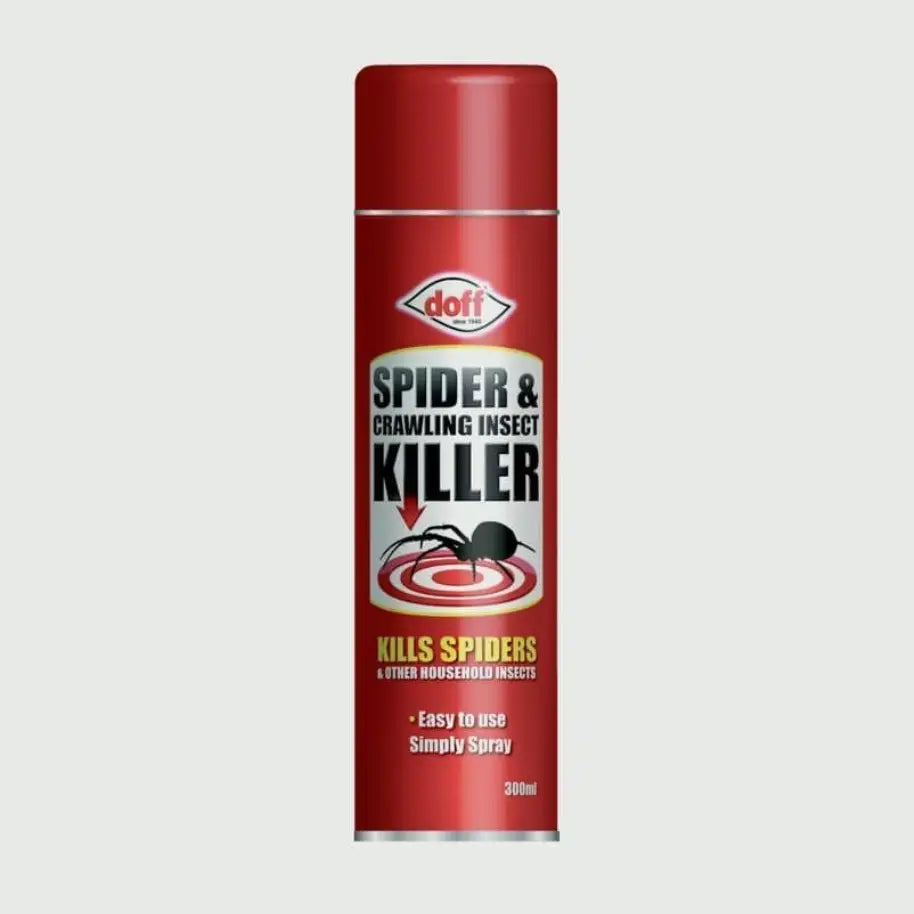 Red can of Doff Spider & Crawling Insect Killer on a light gray background