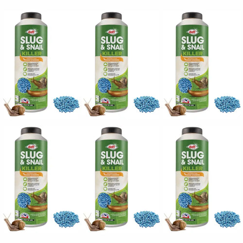 Multiple bottles of Doff Slug & Snail Killer with snail and slug illustrations