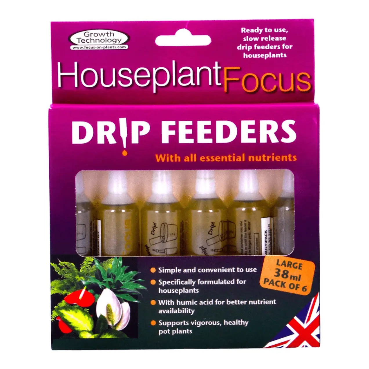 Growth Technology Houseplant Focus Drip Feeders 38ml 6 pk 14 Essential Nutrients