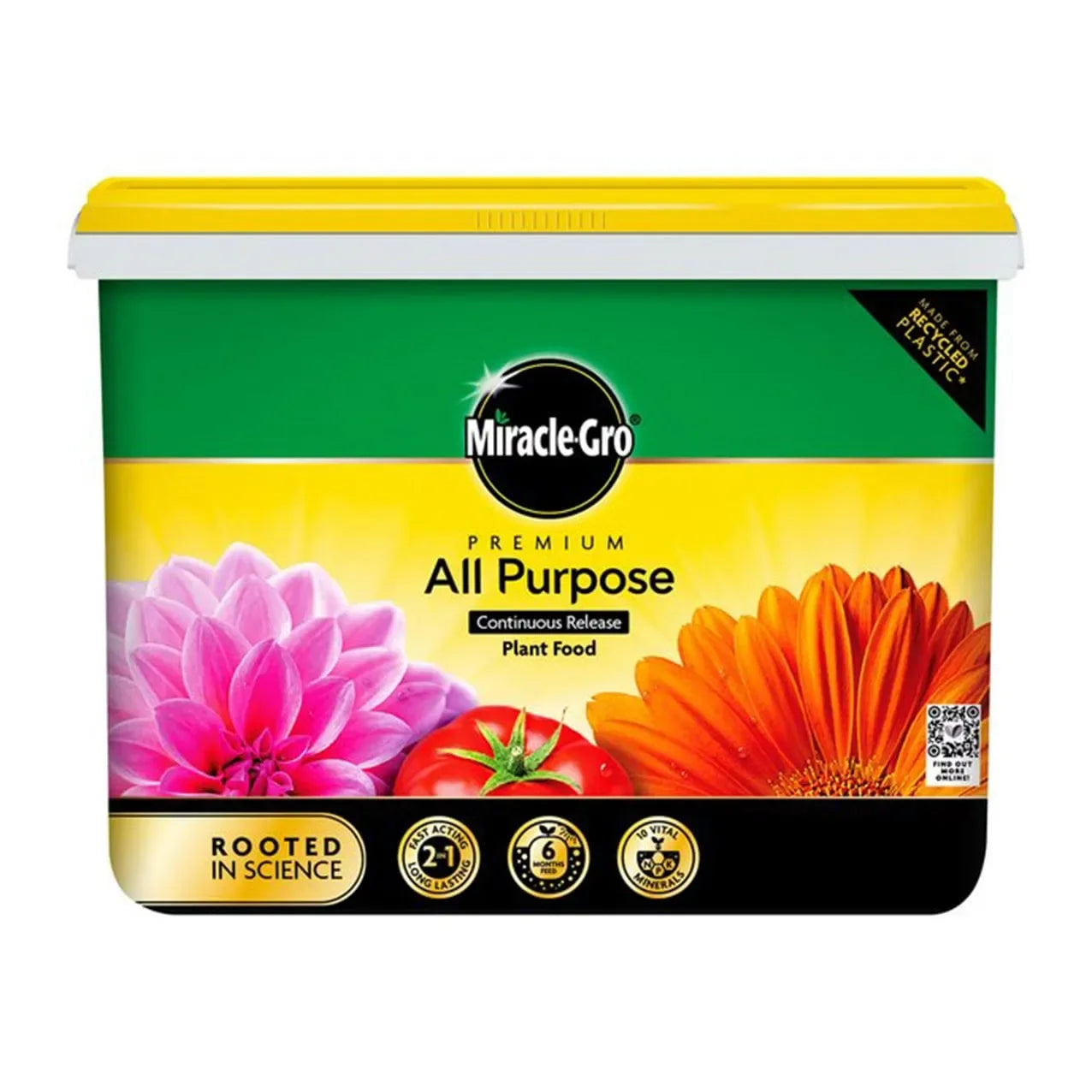 Miracle-Gro premium all-purpose plant food container with colorful flowers and vegetables