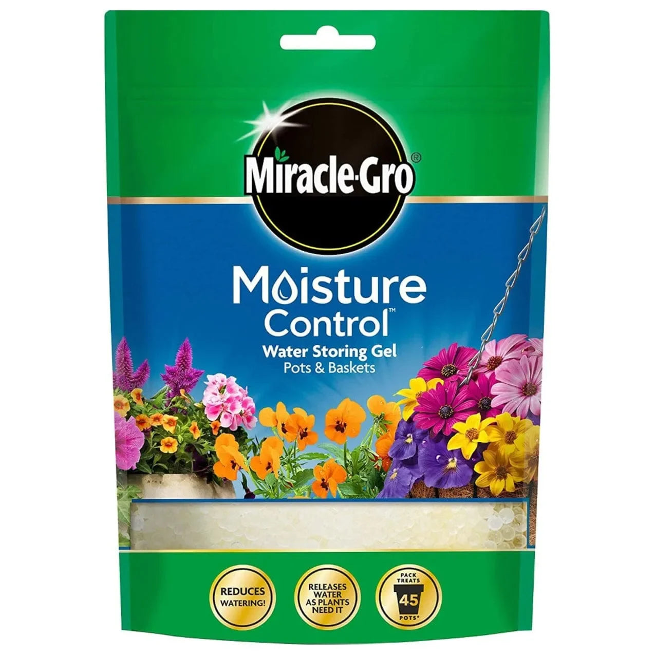 Package of Miracle-Gro Moisture Control Water Storing Gel with flowers in pots