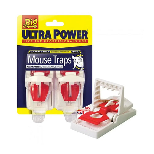 The Big Cheese Ultra Power twin pack mouse traps in retail packaging, for mouse control from FitfitGarden.