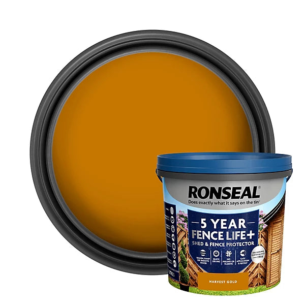 Ronseal 5 Year Fence Life+ Harvest gold Matt Exterior Shed & fence Protector Wood paint, 5L