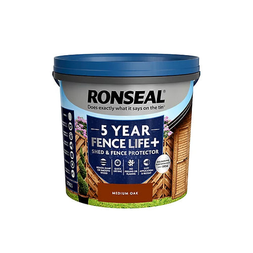Ronseal 5 Year Fence Life+ Medium oak Matt Exterior Shed & fence Protector Wood paint, 5L Tub uk