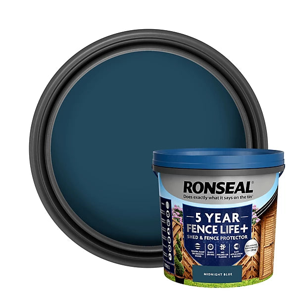 Ronseal 5 Year Fence Life+ Midnight blue Matt Exterior Shed & fence Protector Wood paint, 5L