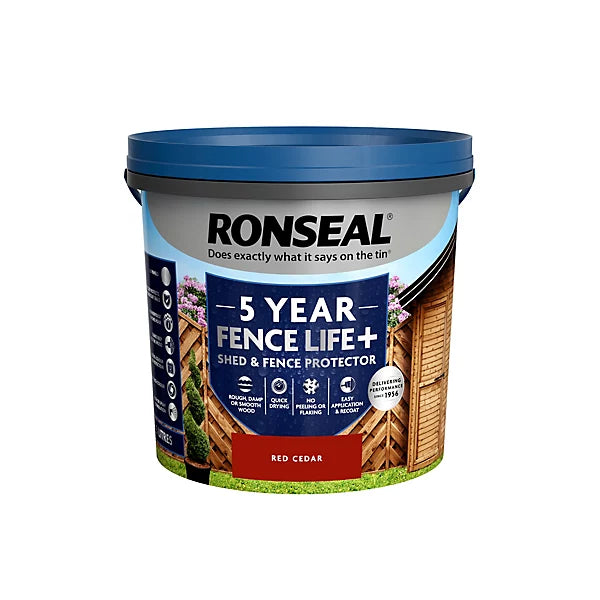 Ronseal 5 Year Fence Life+ Red cedar Matt Exterior Shed & fence Protector Wood paint, 5L Tub uk