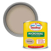 Sandtex Microseal Smooth Masonry paint can with lid open showing beige paint