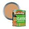 Can of Sadolin Classic wood protection stain with a close-up of the brown wood stain.