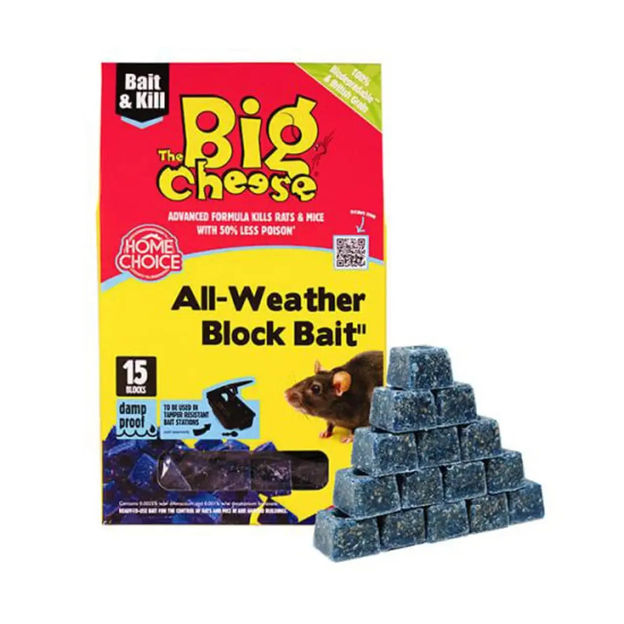 The Big Cheese All-Weather Block Bait 15 pack for rodent control, shown with blue bait blocks.