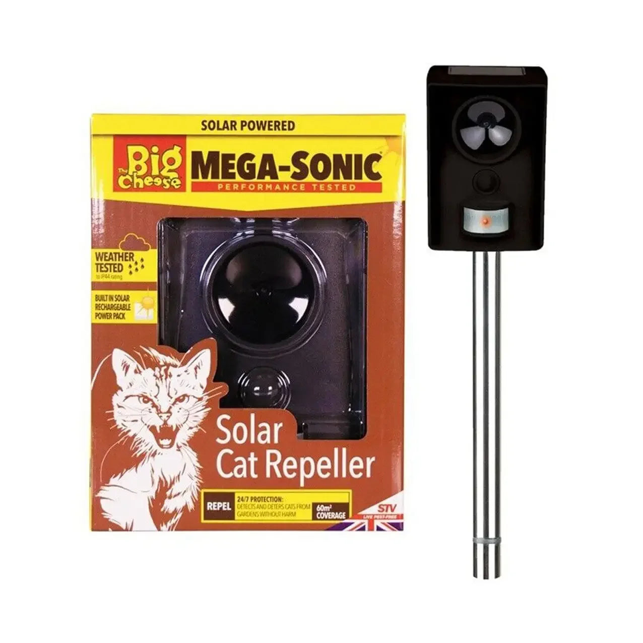 Big Cheese Mega-Sonic Solar Cat Repeller in box and assembled, garden pest control device
