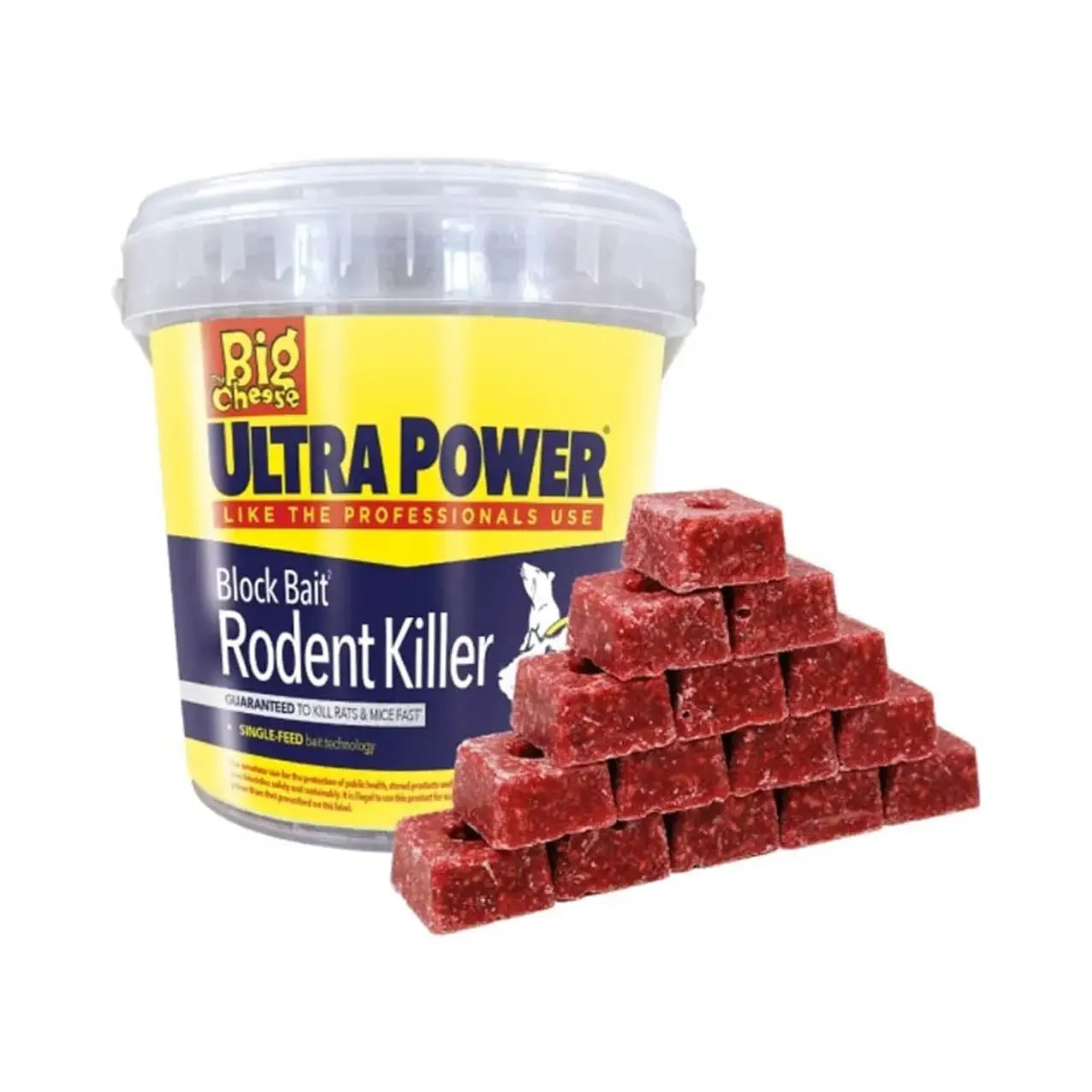 The Big Cheese Ultra Power Block Bait Rodent Killer tub with red bait blocks, FitFit Garden