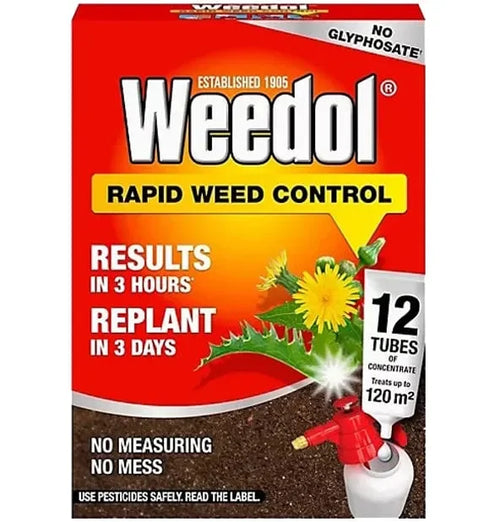 Weedol Rapid Weed Control packaging with red and yellow design