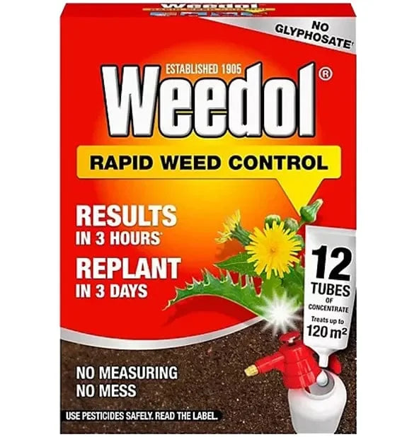 Weedol Rapid Weed Control packaging with red and yellow design