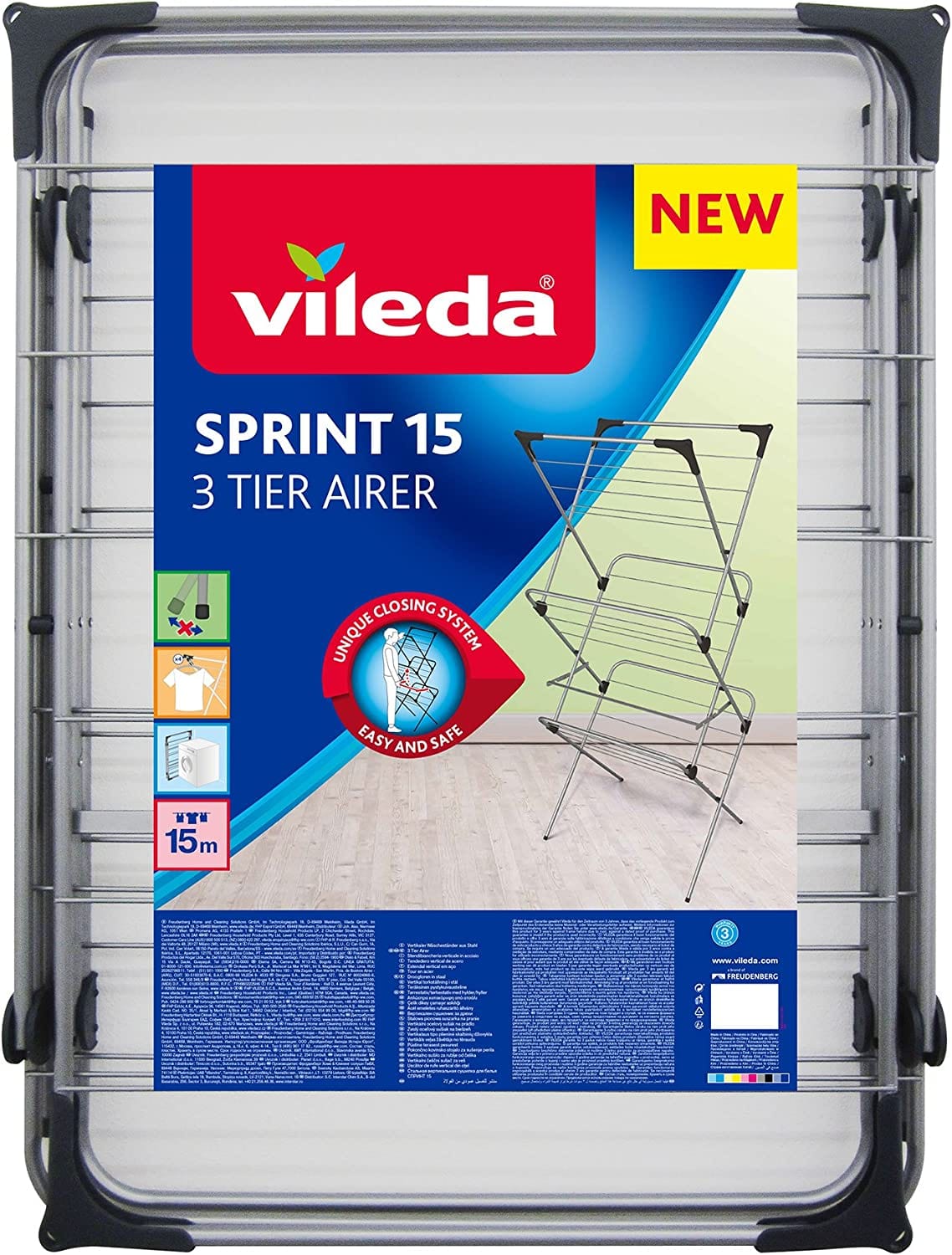 Vileda Sprint 3 Tier Clothes Airer Line Length 15M Holds Laundry Drying Rack