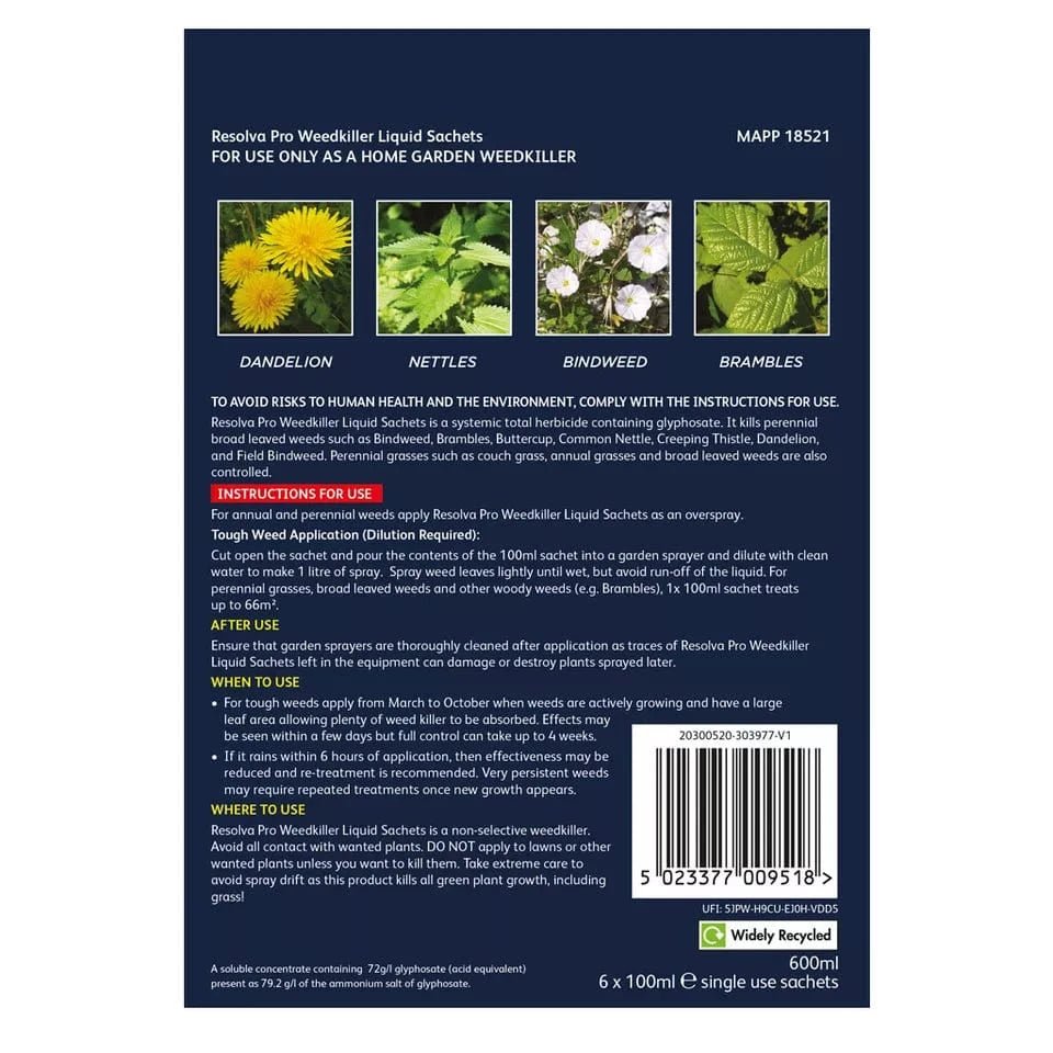Westland Resolva Pro Weedkiller Liquid Sachets Xtra Tough 6x 100ml Weed Killer