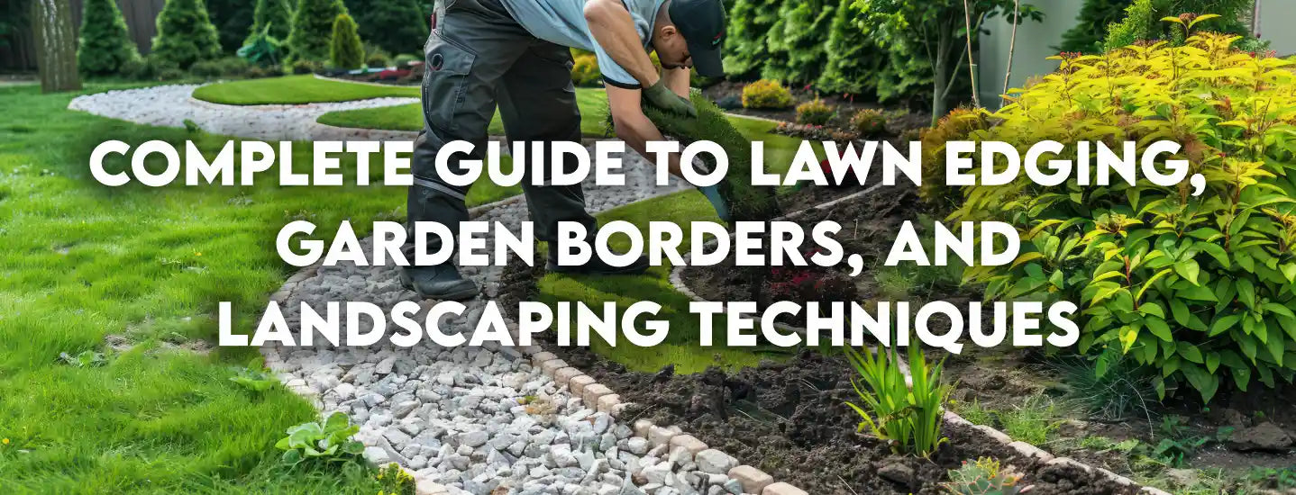 Gardener installing lawn edging around garden borders with decorative stone path and plants at FitfitGarden.