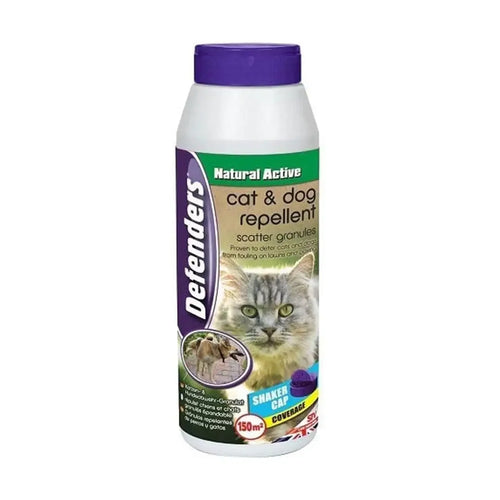 Defenders cat and dog repellent scatter granules container with purple cap, sold by FitFit Garden.