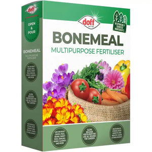 Box of Doff Bonemeal Multipurpose Fertilizer with images of vegetables and flowers on a white background