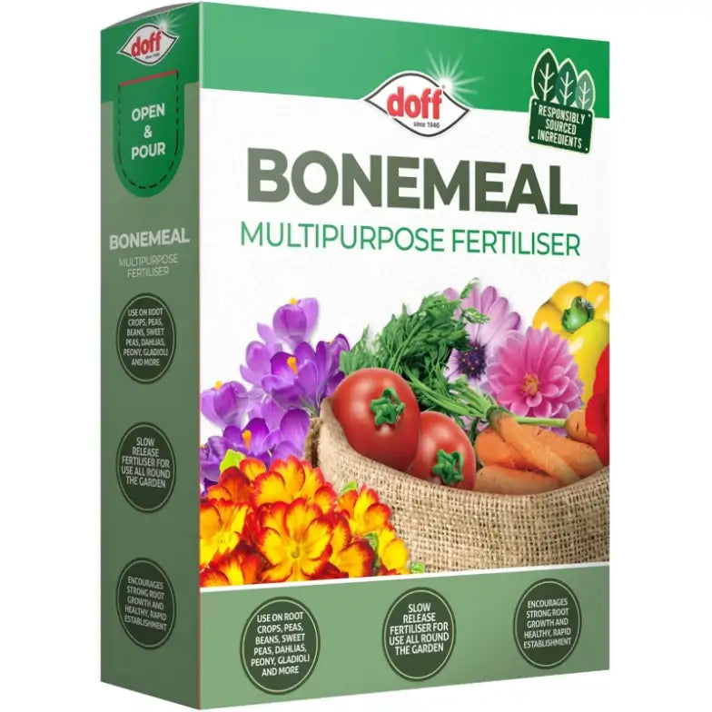 Box of Doff Bonemeal Multipurpose Fertilizer with images of vegetables and flowers on a white background