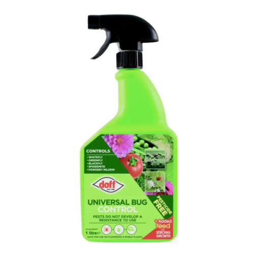 Green spray bottle with black nozzle DoffBug universal Bug Control