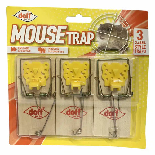 Pack of Doff mouse traps with a yellow and red packaging design.