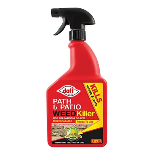 Red spray bottle of Doff Path & Patio Weed Killer 