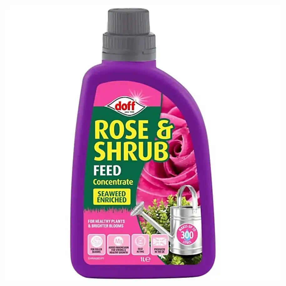 Purple bottle of Doff Rose & Shrub Feed Concentrate 