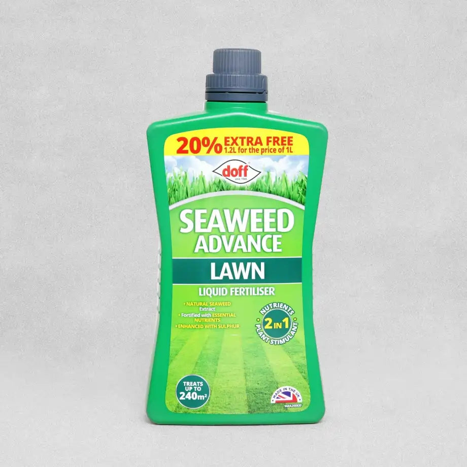Doff Seaweed Advance Lawn Liquid Fertilizer bottle on a gray background