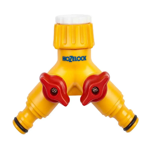 Hozelock yellow dual tap connector with red valves for garden hoses at FitFit Garden