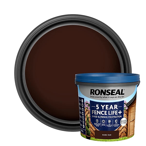 Ronseal 5 Year Fence Life+ Dark oak Matt Exterior Shed & fence Protector Wood paint, 5L