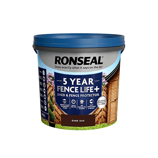 Ronseal 5 Year Fence Life+ Dark oak Matt Exterior Shed & fence Protector Wood paint, 5L uk