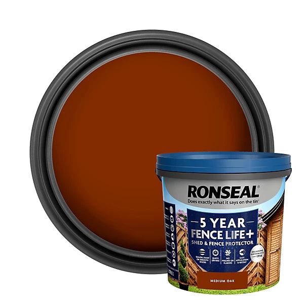 Ronseal 5 Year Fence Life+ Medium oak Matt Exterior Shed & fence Protector Wood paint, 5L Tub