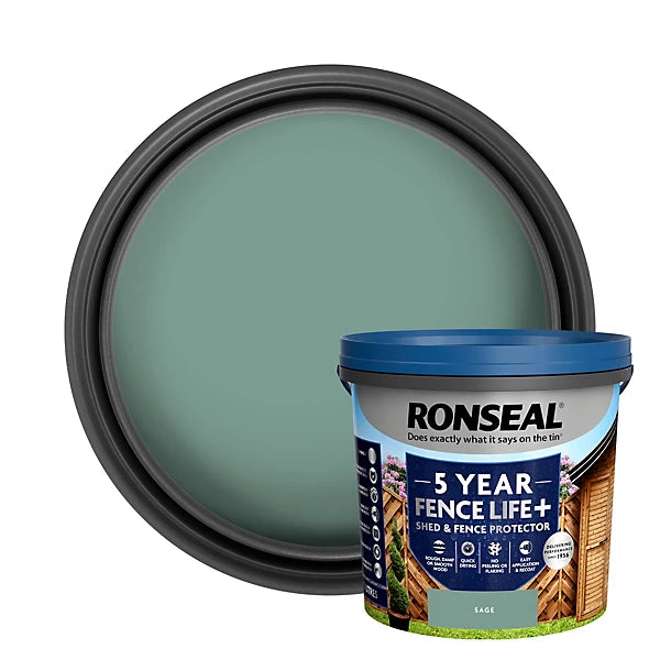 Ronseal 5 Year Fence Life+ Sage Matt Exterior Shed & fence Protector Wood paint, 5L
