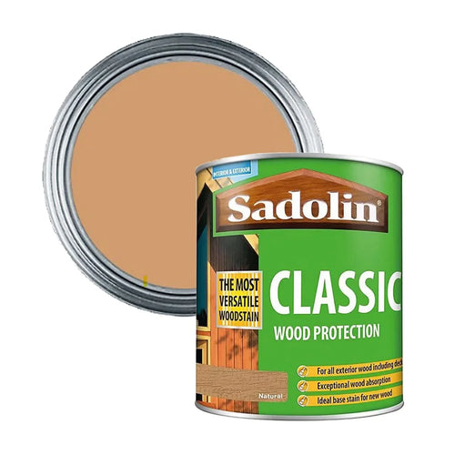 Can of Sadolin Classic wood protection stain with a close-up of the brown wood stain.