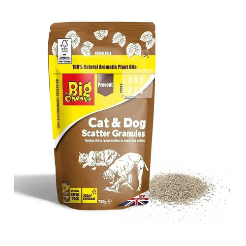 The Big Cheese Cat & Dog Scatter Granules 750g garden pet repellent pack with granules pile