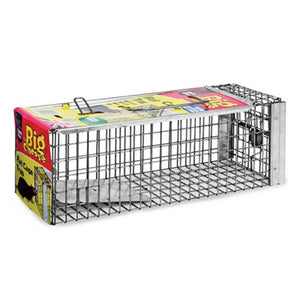 Metal animal trap with colorful label 