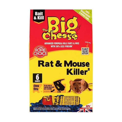 The Big Cheese Rat & Mouse Killer grain bait box with bright yellow and red packaging, FitfitGarden pest control.