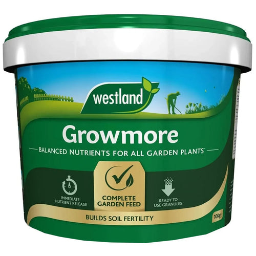 Westland Growmore garden feed container with green and white design