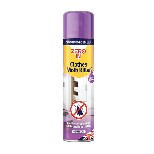 Zero In Clothes Moth Killer Spray 300ml with purple cap and wardrobe graphic, FitfitGarden
