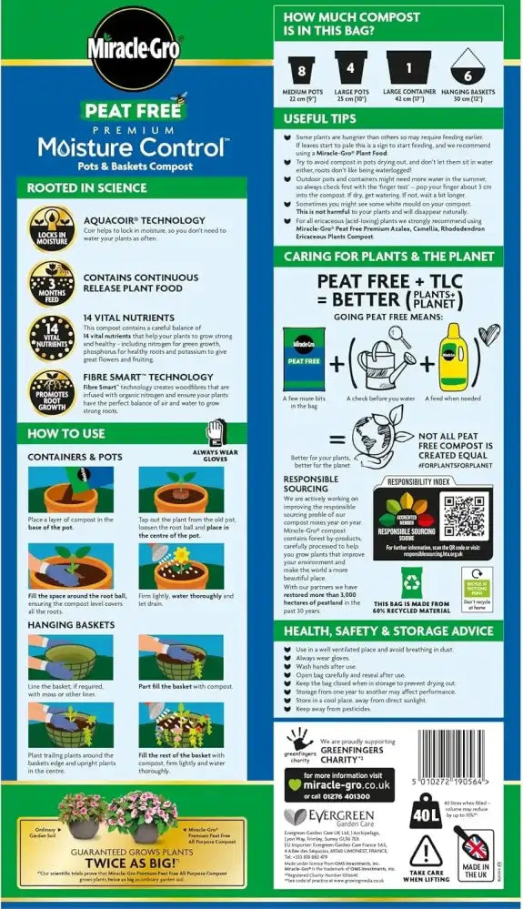 miracle gro peat free compost 40L bag