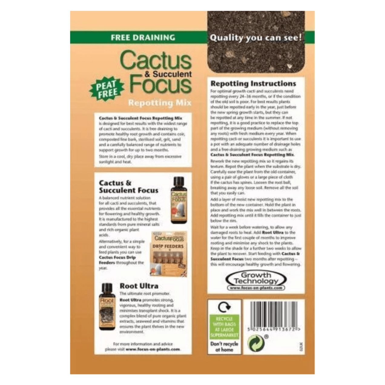 Growth Technology Cactus & Succulent Focus Repotting Mix Peat Free 8L - FitfitGarden