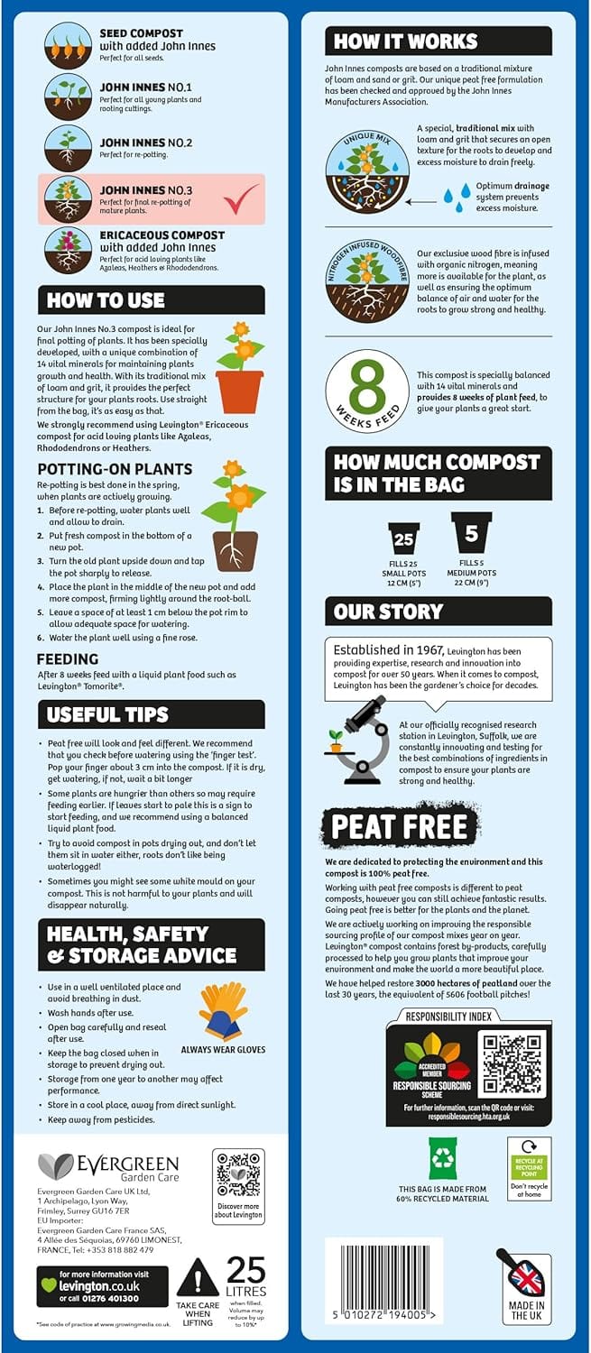 Levington® Peat Free John Innes No.3 - Levington Peat Free John Innes No.3 Compost, 25L