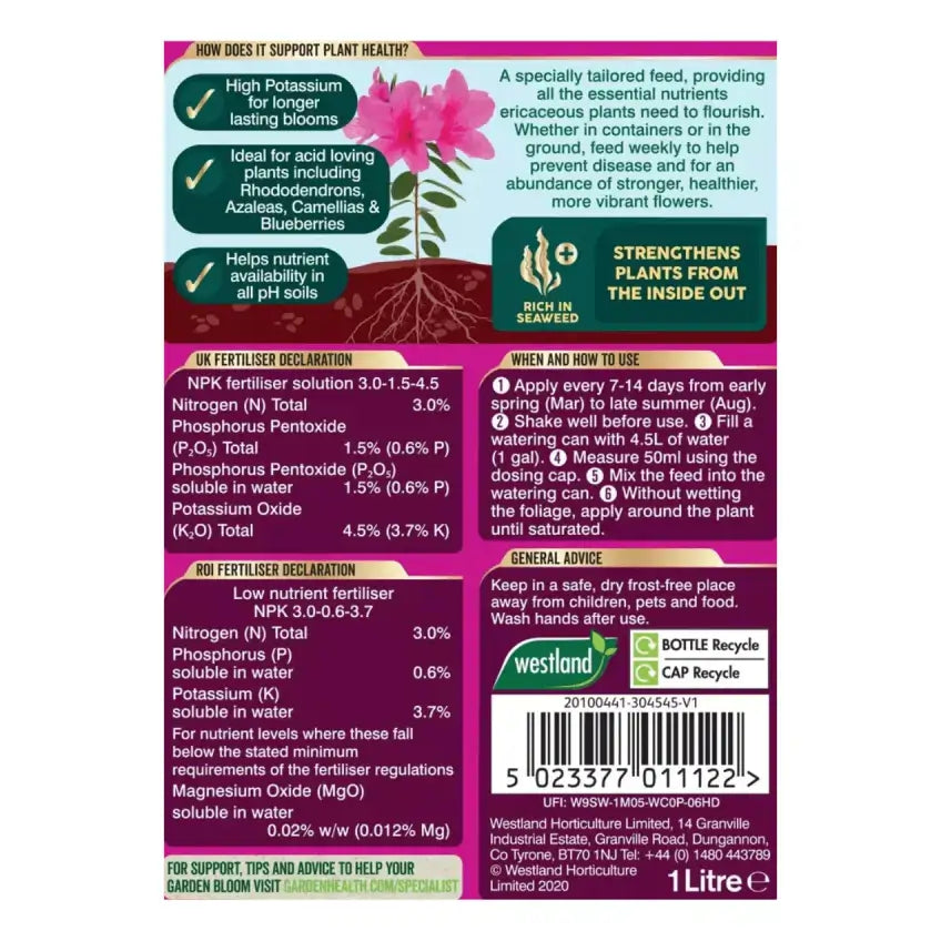 westland ericaceous liquid plant food 1L